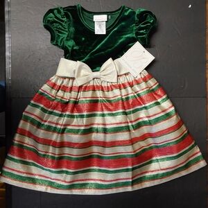 Bonnie Jean Green Velvet and Striped Holiday Dress